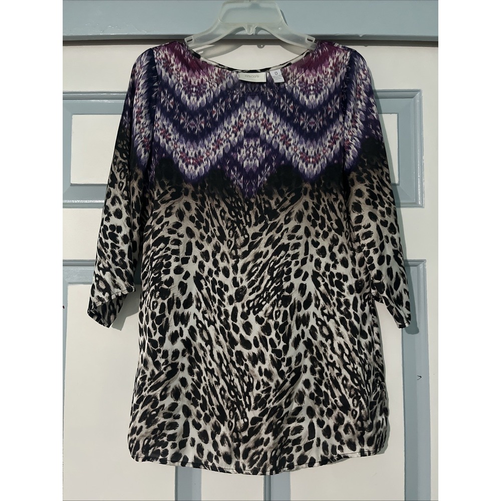Chico's Women's‎ Top Size 0 Purple, And Cheetah Print Tunic Style 3/4 Sleeve